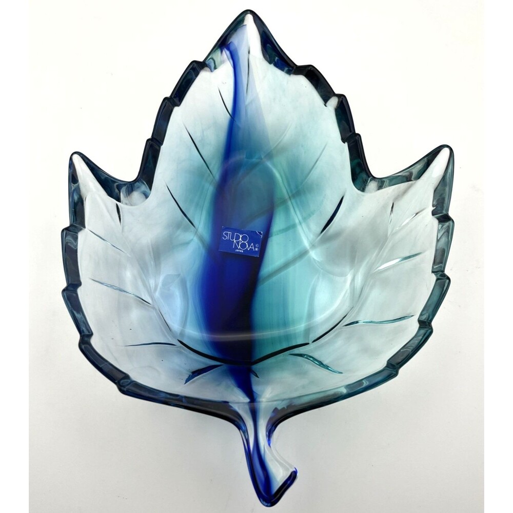 Studio Nova Japan Blue Aqua Art Glass Autumn Leaf Bowl Decorative Trinket Dish